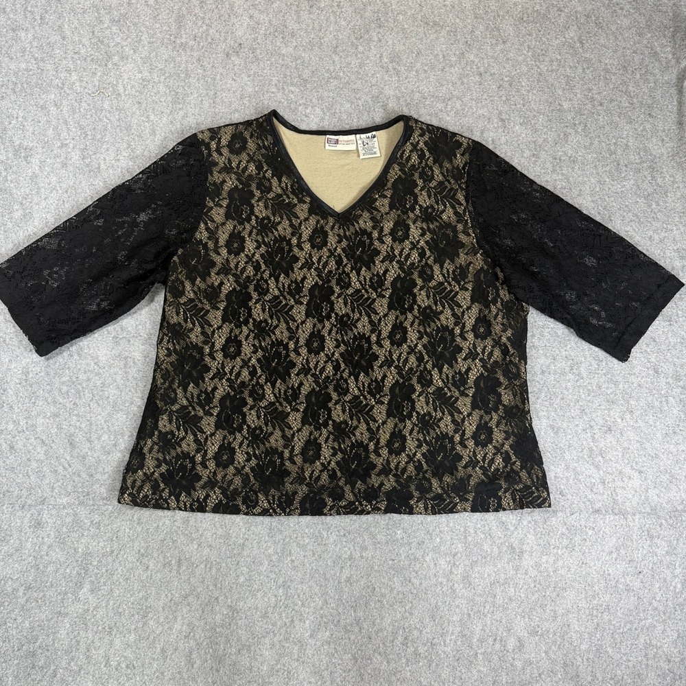 Faded Glory Woman Blouse 22W 24W Black Barley Floral Lace V Neck 3/4 Sleeve